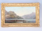 une image représentant un tableau représentant un paysage de montagne avec un lac au premier plan