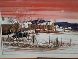 framed picture of a painting of a farm in the snow