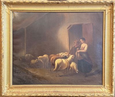 painting of a woman tending to a flock of sheep in a barn