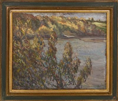 l'image d'une peinture représentant une rivière avec des arbres au premier plan