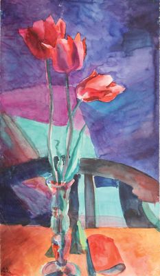 tableau représentant trois tulipes rouges dans un vase en verre posé sur une table