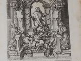 an old black and white drawing of a group of people in a room