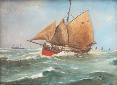 painting of a sailboat in rough water with other boats in the background