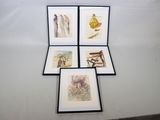quatre photos encadrées d'oiseaux sur une surface blanche, avec un fond blanc