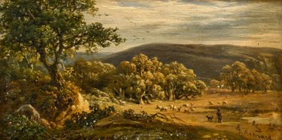 peinture représentant un tableau représentant un paysage avec des personnages et des animaux au premier plan