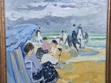 an oil painting of people sitting on a beach near the ocean