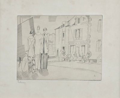 drawing of a man and a woman standing in front of a building