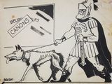 drawing of a cartoon of a man in armor walking a dog