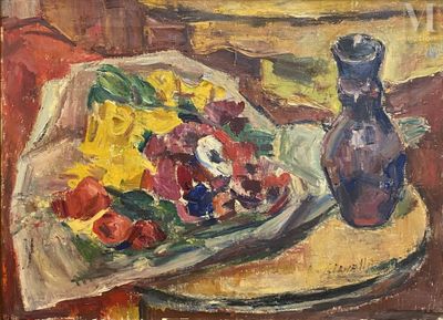 un tableau représentant une assiette de fruits et une bouteille posées sur une table