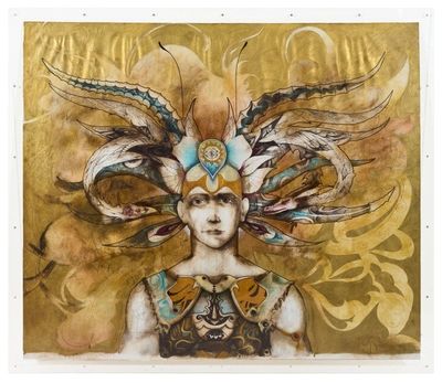 abstract painting of a woman with feathers on her head and a gold background