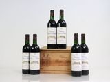 six bottles of red wine sit in front of a wooden box