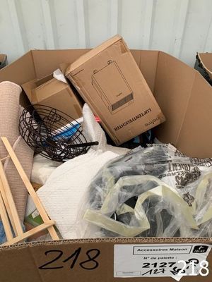 une boîte en carton contenant de nombreux objets sur le sol