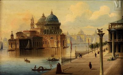 un tableau représentant une vue de ville avec un bateau sur l'eau