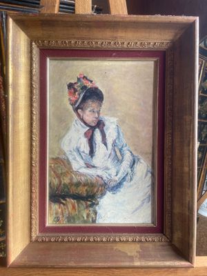 painting of a woman in a white dress sitting on a chair