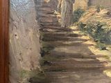 a painting of a man walking up a set of stairs