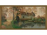 un tableau représentant une maison au bord d'une rivière, avec un bateau dans l'eau