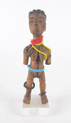 wooden figurine of a man with a rope around his neck