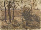 une vieille photo représentant un tableau où l'on voit un homme debout dans les bois