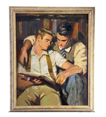 painting of two young men reading a book together in a library