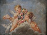 a painting of two angels with flowers on a cloud