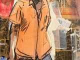 a painting of a man walking down the street