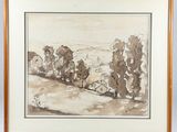 an image of a painting of a landscape with trees in the foreground