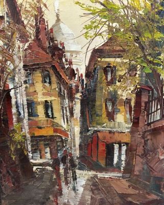 une peinture à l'huile représentant une scène de rue avec des bâtiments et une personne marchant dans la rue