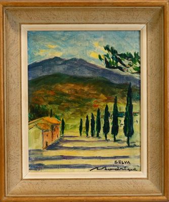 une peinture d'un paysage avec des arbres et des montagnes en arrière-plan
