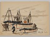 tableau représentant un groupe de bateaux sur l'eau, avec des personnes sur la rive