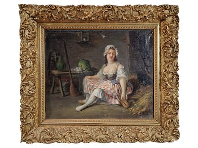 tableau représentant une femme assise sur une chaise avec un panier de légumes