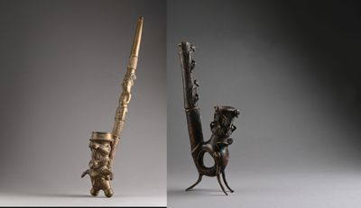 trois vues différentes d'un objet en bois, avec un couteau et d'autres objets