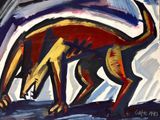 un tableau représentant un chien qui marche sur le sol