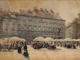 un tableau représentant une place de ville avec des gens et des parapluies