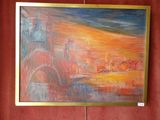 peinture représentant un tableau représentant un coucher de soleil sur une ville avec un pont