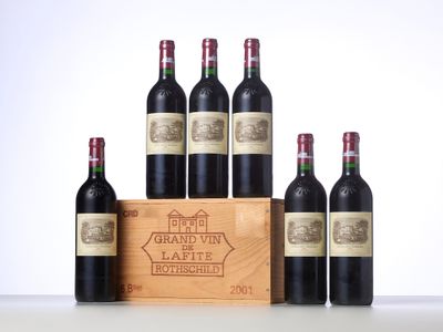 six bottles of red wine in a wooden crate with a white background