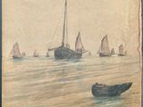 drawing of boats in a body of water with a sky in the background