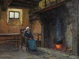 a painting of a woman sitting in front of a fire place