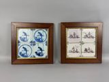 deux tableaux encadrés composés de carreaux bleus et blancs représentant un homme et une femme