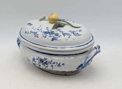 un bol bleu et blanc orné d'un citron