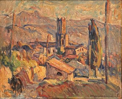 an image of a painting of a town with a church in the background