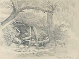 an old book with a drawing of a well in the woods
