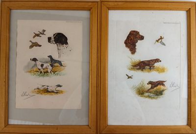 deux photos encadrées représentant des chiens et des oiseaux accrochées au mur