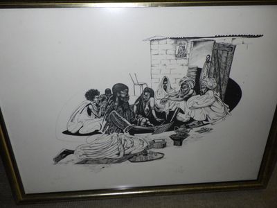 dessin d'un groupe de personnes assises autour d'une table dans une pièce