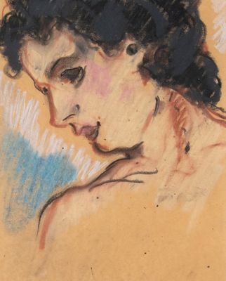 tableau représentant la tête d'une femme aux cheveux bouclés, vêtue d'une robe bleue