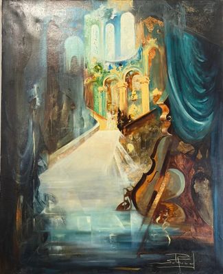 une peinture à l'huile représentant une femme assise sur un banc dans une église