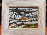 une peinture à l'huile représentant un paysage enneigé, dans un cadre blanc