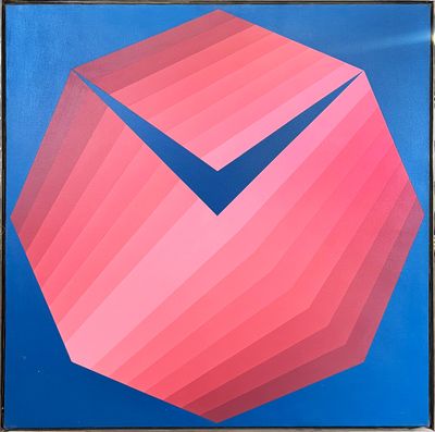 abstract painting of a pink and blue geometric object on a blue background
