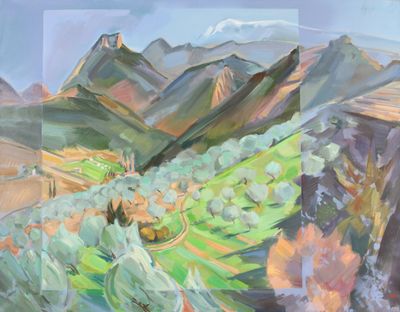 an oil painting of a landscape with mountains in the background