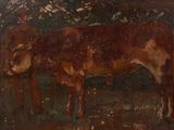 un tableau représentant une vache dans un champ, avec des arbres en arrière-plan