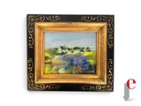 une peinture à l'huile d'un champ avec une maison au loin